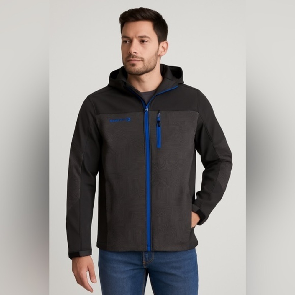 Free Country Men’s Softshell Jacket Size M Black with Blue Accents